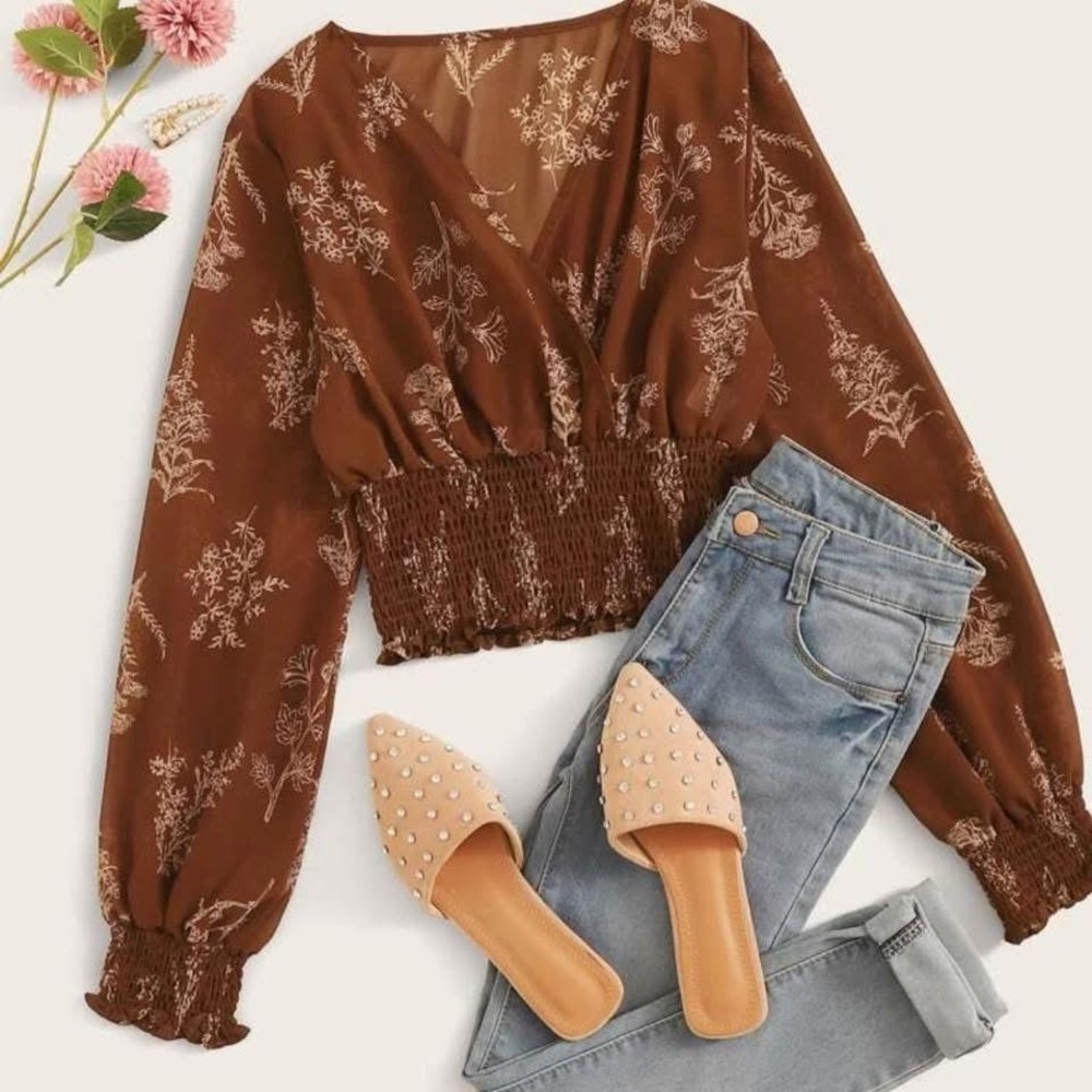 Romwe brown semi sheer cropped top